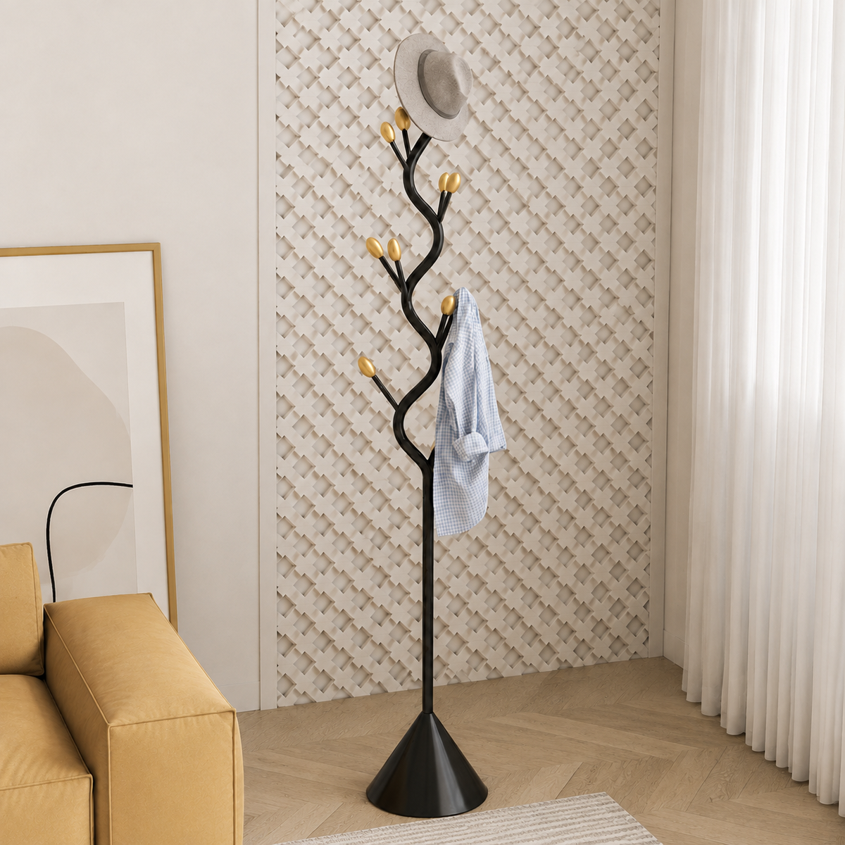 Tree Coat Rack Stand with Hooks, Black Metal, 70.9 in