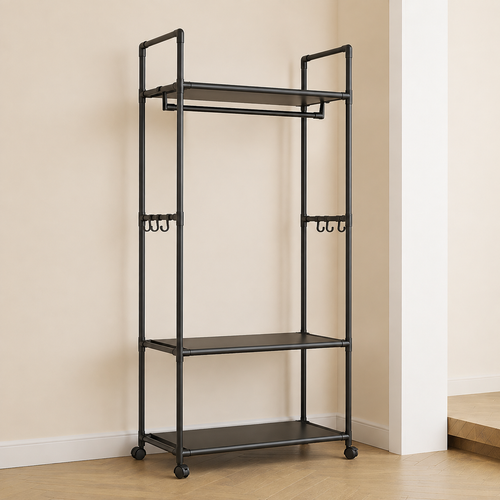 Metal Clothes Rack with Shelves, Black Freestanding Garment Stand