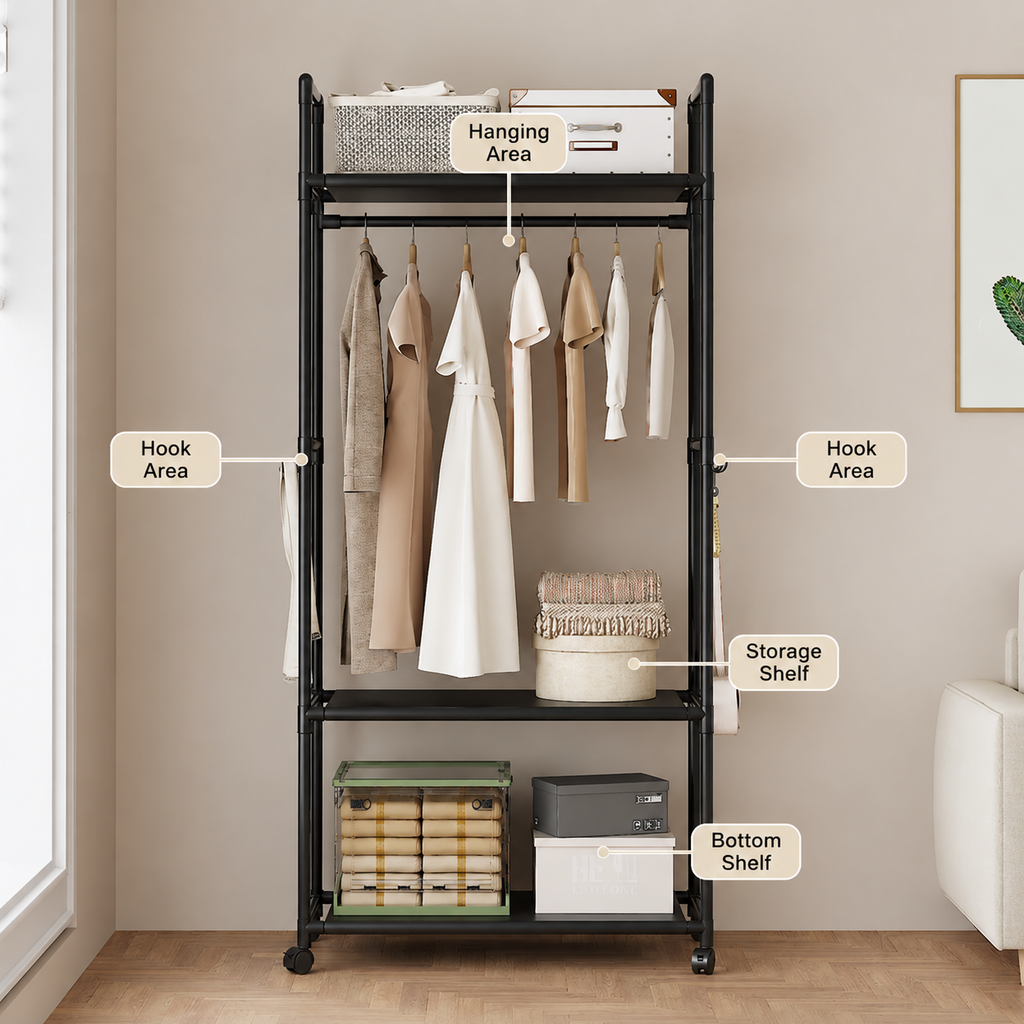 Metal Clothes Rack with Shelves, Black Freestanding Garment Stand