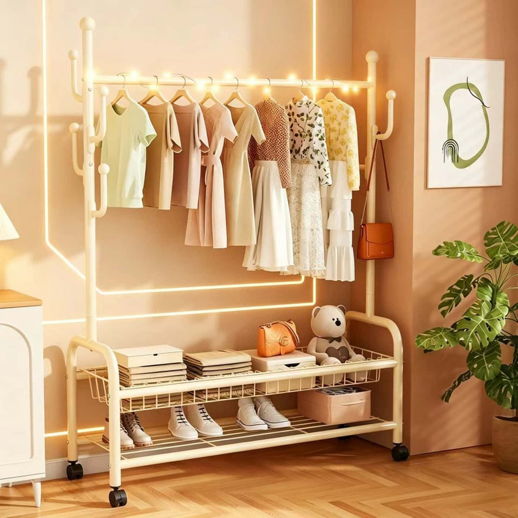 Metal Clothes Rack with Storage Shelf, Gold Freestanding Garment Stand
