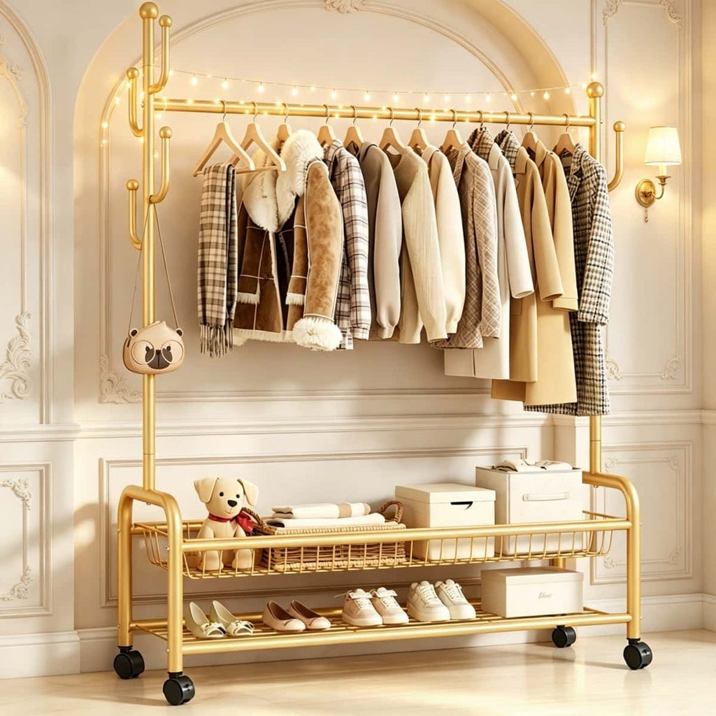 Metal Clothes Rack with Storage Shelf, Gold Freestanding Garment Stand