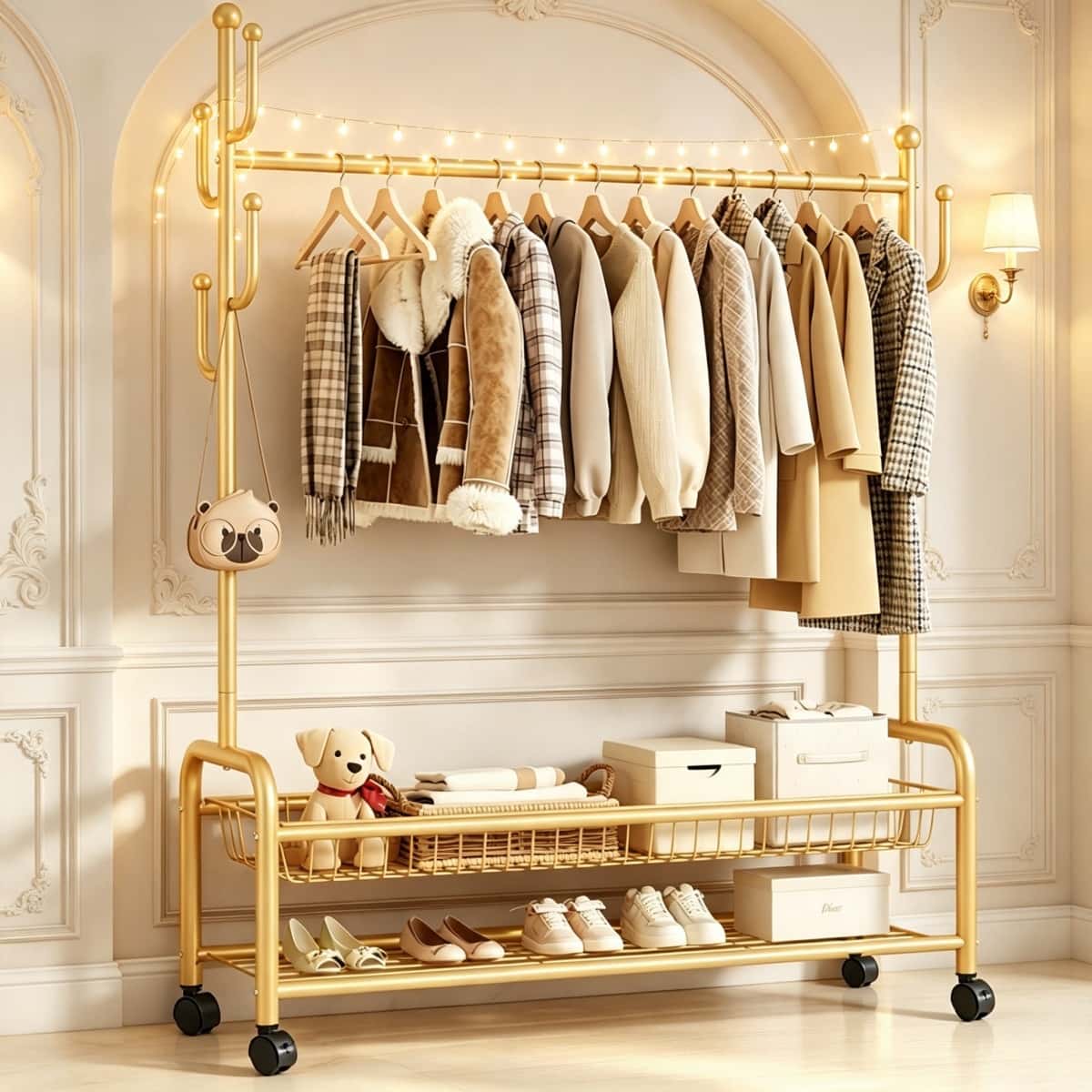 Metal Clothes Rack with Storage Shelf, Gold Freestanding Garment Stand
