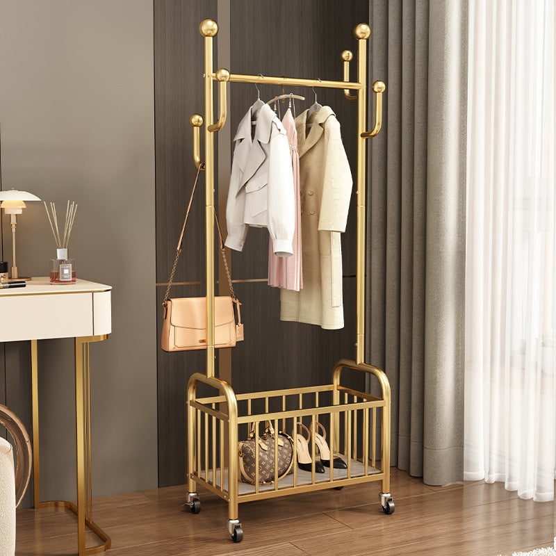 Metal Clothes Rack with Storage Shelf and Wheels, Gold Stand