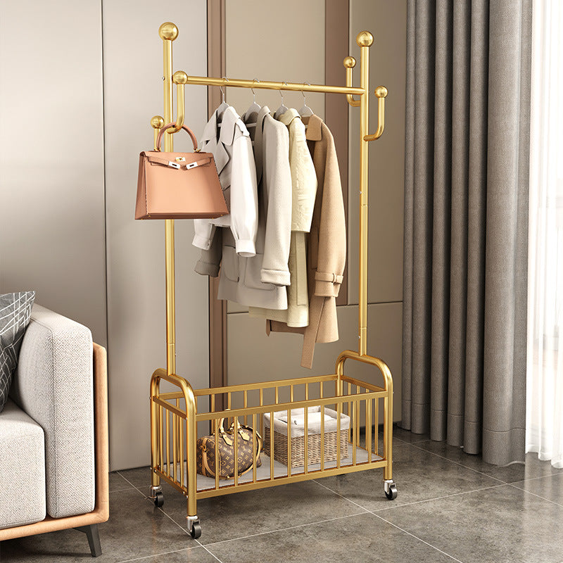 Metal Clothes Rack with Storage Shelf and Wheels, Gold Stand