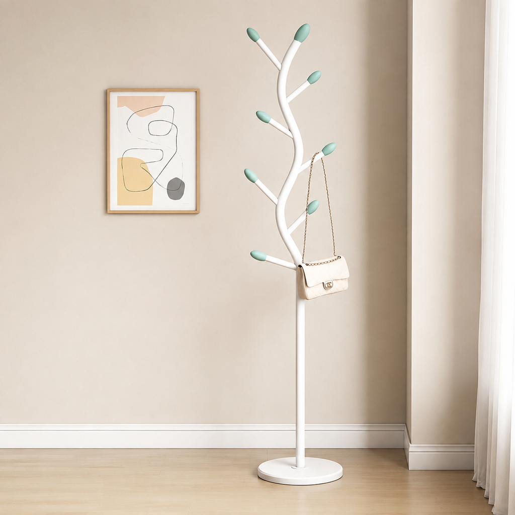 Tree Coat Rack Stand with Hooks, White Metal Clothes Rack