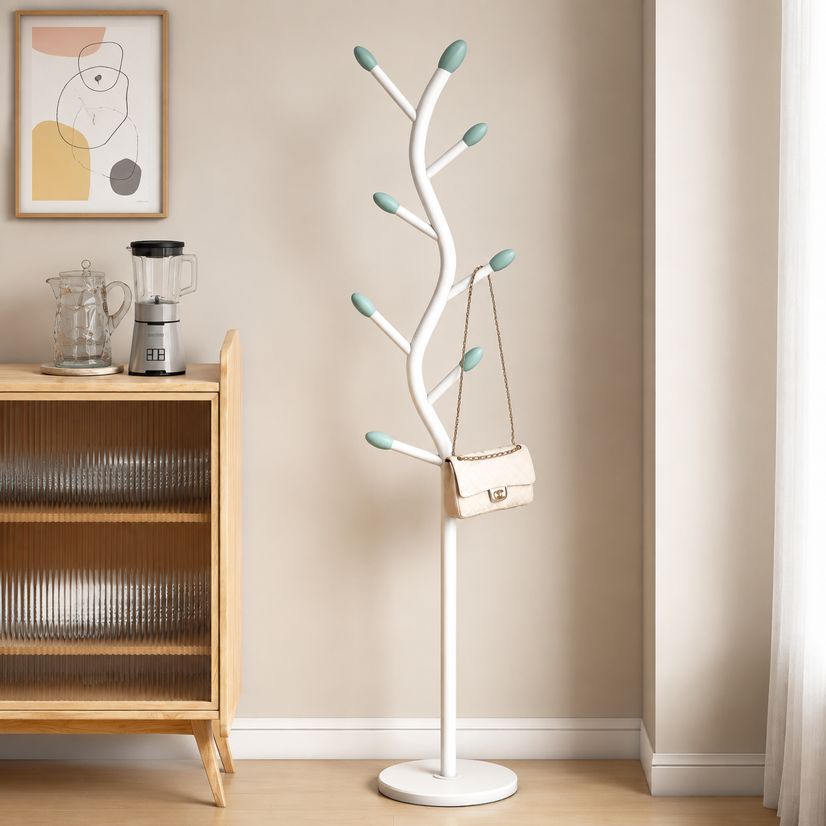 Tree Coat Rack Stand with Hooks, White Metal Clothes Rack
